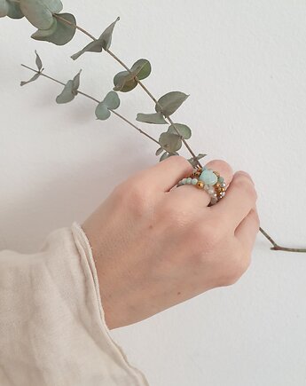 Pierścionek amazonit, złoty hematyt, modesign