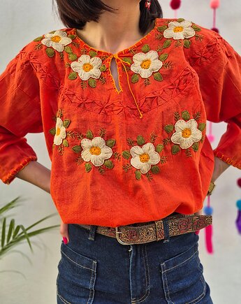Bluzka ręcznie haftowana CAMA Pomarańczowa kwiaty ONE SIZE, SempreArte