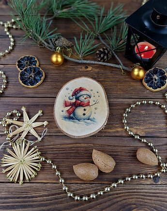 Brzozowa podkładka pod kubek, świąteczna zawieszka - bałwanek, Manufa