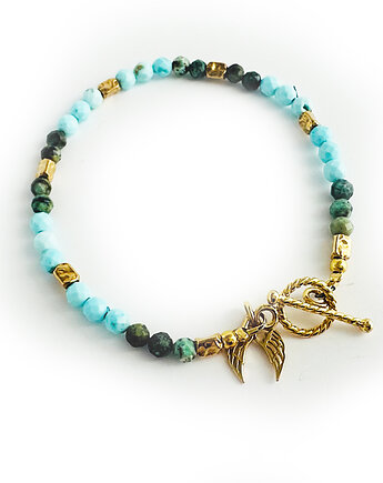 Bransoletka  z kamieni, naturalny turkus, złote skrzydełka, Anemon Atelier