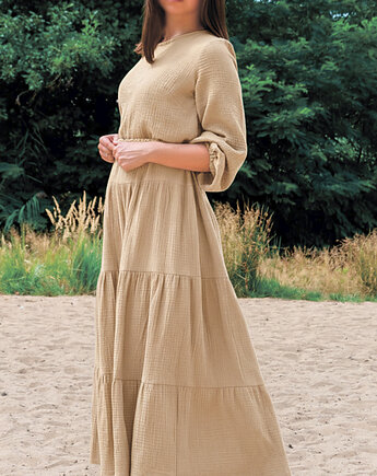 Eko długa bieżowa muślinowa sukienka Sandra, Lariko Studio