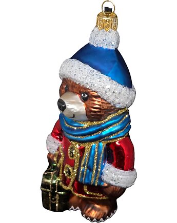 Ręcznie malowana szklana bombka miś z walizką w czerwonym płaszczu, STARGLASS