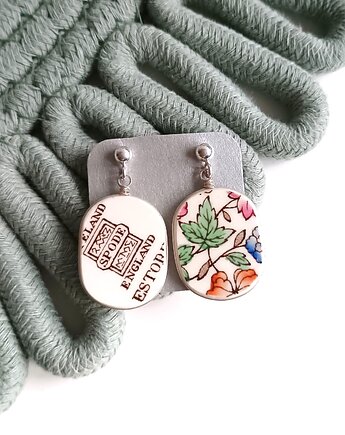 Kolczyki ceramiczne w kwiaty dwustronne, biżuteria z talerzy