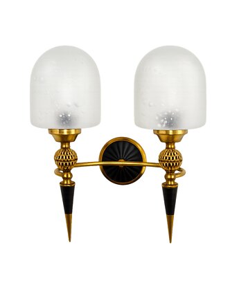 Mosiężny kinkiet mid-century, lata 50., szkło i mosiądz, 2xE14, Relikt design