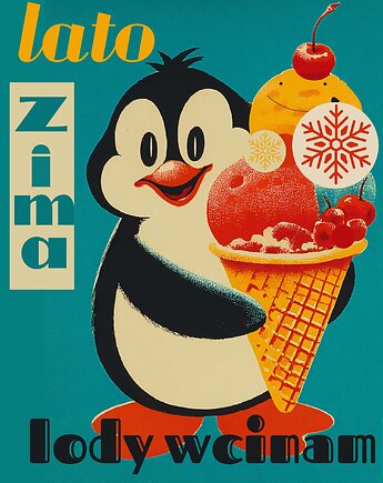 Plakat  lato zima lody wcinam   pingwin  30cmx40cm, polkastudio