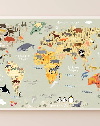 PLAKAT mapa świata do pokoju dziecka zwierzęta, black dot studio