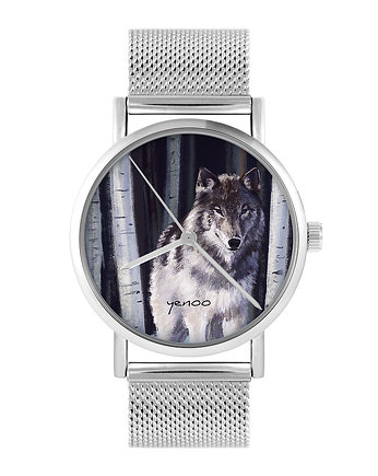 Zegarek - Szary wilk - bransoleta mesh, OKAZJE - Prezenty na 18 dla chłopaka