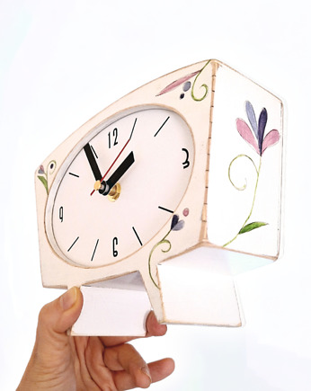 Zegar drewniany  biurkowy biały folk, Clock Wood Studio