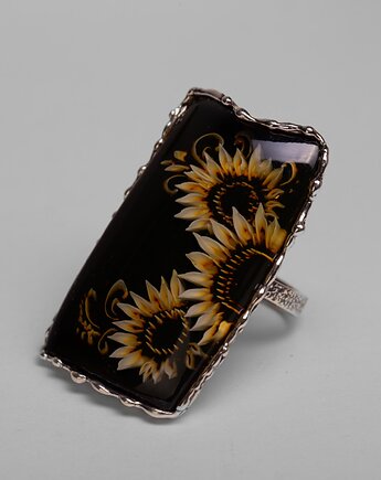 Srebrny pierścionek z wyrzeźbionymi słonecznikami w bursztynie, Andorii by Baco