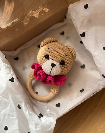 Miś grzechotka dla dziewczynki, miś przytulanka, prezent dla dziewczynki, HANDMADE crochet by Klaudia