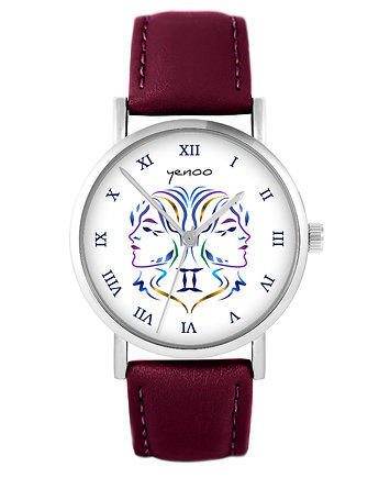 Zegarek - Bliźnięta - skórzany, burgund, yenoo