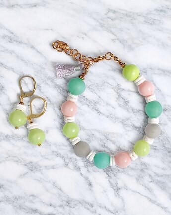 HOT TREND  : komplet : bransoletka, kolczyki : pastelle : jadeit 10mm, kaktusia