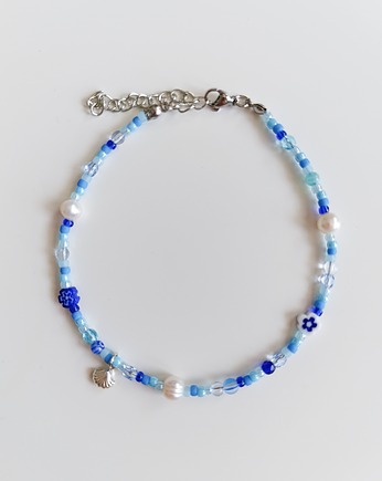 Niebieska bransoletka na kostkę perły muszelka, Lwie Jwlr