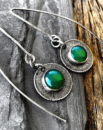 Srebrne kolczyki tribal z naturalnym kamieniem, zielony onyks, SHAMBALA