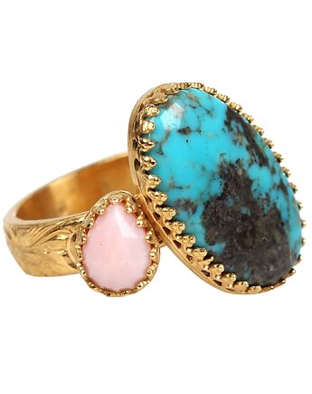 Złoty pierścionek Zinnia z turkusem i opalem różowym, Blooming Stones