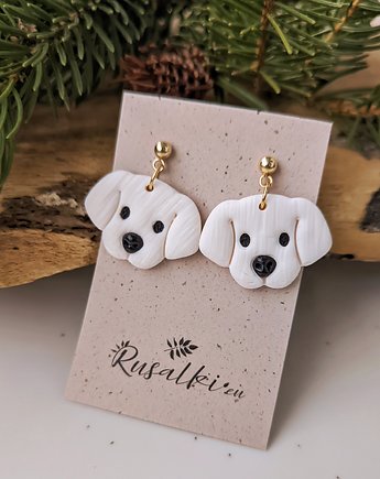 Kolczyki białe pieski - Labrador, Kundelek biżuteria, biały pies, Dary Rusałki