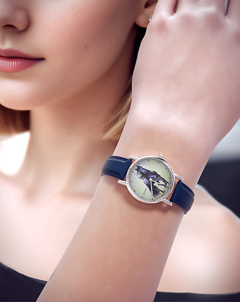 Zegarek  mały - Czarny koń, malowany - skórzany, granatowy, yenoo