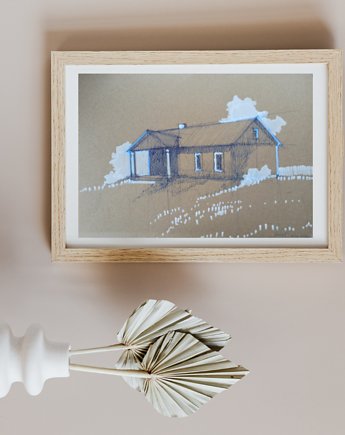 Rysunek pióro Wiejska chata oryginalny a4 21x30 cm, Kwitnace