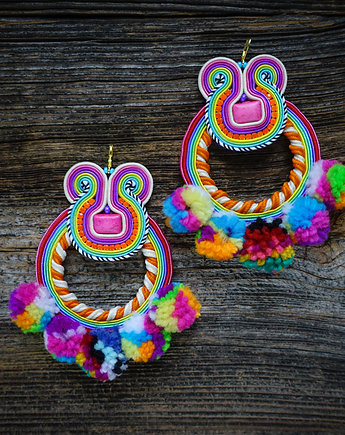Nubi- duże i kolorowe kolczyki soutache z pomponami, Mró Soutache