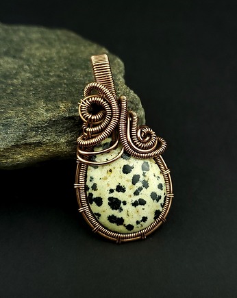 Jaspis dalmatyński wisiorek wire wrapping, Blue Pearl Art