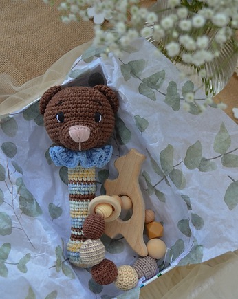 Zestaw prezentowy dla niemowlaka, Grzechotka miś, Prezent dla noworodka, EcoToysByNastya