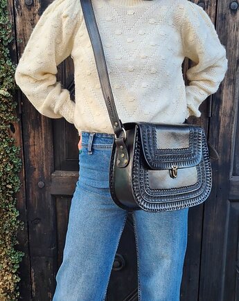 Torebka skórzana ręcznie robiona góralska Alsa Czarna duża skóra naturalna, SempreArte