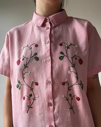 Lniana koszula w ręcznie haftowane truskawki, Smol Custom