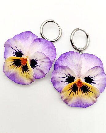 Kolczyki bratki biało fioletowe wiszące handmade, kwiaty z gliny polimerowej, Albina LaBelle