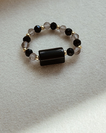 Pierścionek elastyczny Onyks i Kwarc Dymny, Chmolowska Jewellery