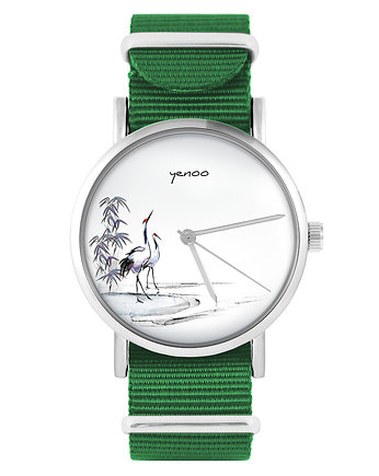 Zegarek - Japońskie żurawie - zielony, nylonowy, yenoo