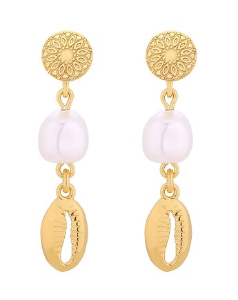 Złote długie kolczyki z muszelkami i perłami SWAROVSKI CRYSTAL, SOTHO