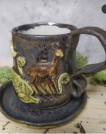 Unikatowy kubek z sarenką lepiony ręcznie 350ml +spodek, AM Natural Home Pracownia Ceramiczna