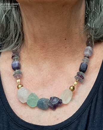 Naszyjnik vintage z pięknych surowych fluorytów i ametystów  biżuteria lux, Galeria Limart