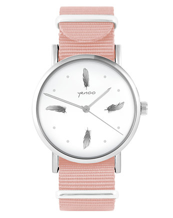 Zegarek - Szare piórka - brzoskwiniowy róż, yenoo