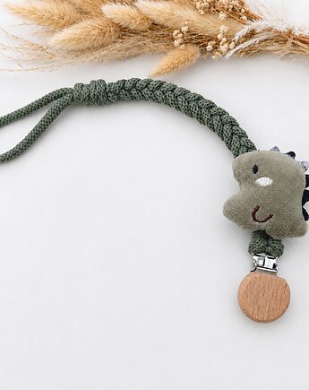 Ręcznie pleciona zawieszka do smoczka z bawełnianego sznurka, dinozaur khaki, Moni Made of Natural Individuality