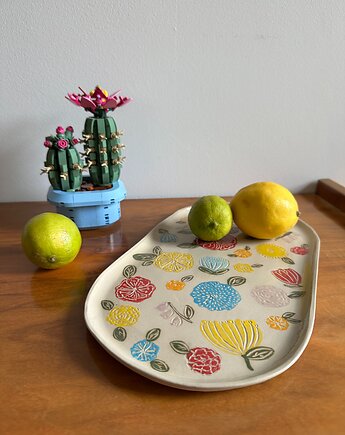 Duży talerz owalny, patera w kwiaty, Glina & Lina