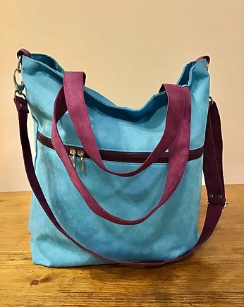 Duża torba z kieszenią na zamek - błękit, fiolet, PRACOWNIA 166