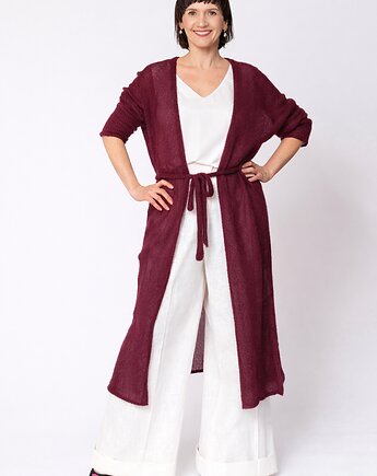 Długi kardigan wełniany z paskiem - Bakłażanowy, YOU by Tokarska