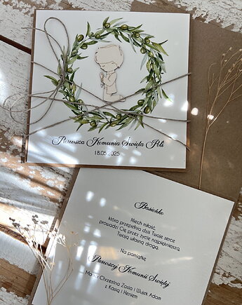 Kartka komunijna ręcznie robiona z imieniem od matki chrzestnej