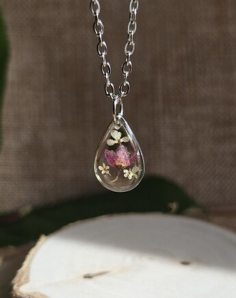 Srebrny wisiorek prawdziwe kwiaty różowa łezka, zkwiatem