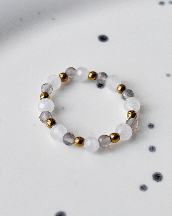 Pierścionek elastyczny Kwarc Dymny i Kamień Księżycowy, Chmolowska Jewellery