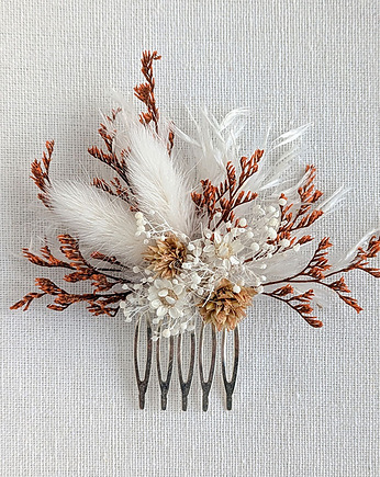 Spinka do włosów z naturalnymi kwiatami brązowa łąka, Kwiaty i pióra