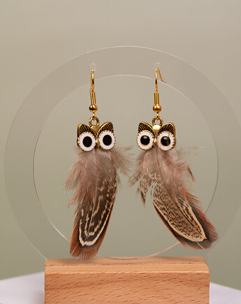 Kolczyki pióra sowy brązowe, Amber by Baco