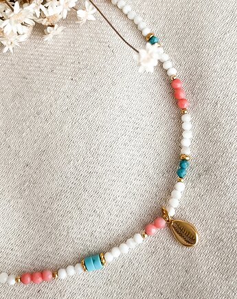 Naszyjnik Choker z masą perłową turkusem i koralem i pozłacaną muszelką, Martellie Jewellery