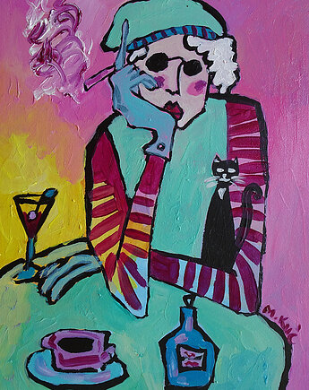 Obraz  ręcznie malowany dama babcia z kotkiem, może na papierosa?, alice oil on canvas