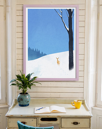 Zima w lesie / Sarna na śniegu - plakat 50x70 cm, minimalmill
