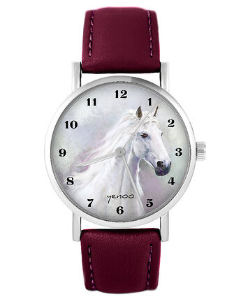 Zegarek - Biały koń - skórzany, burgund, yenoo