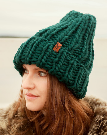 Klasyczna czapka oversize z grubej wełny butelkowa zieleń, Holy Alpaca Knit