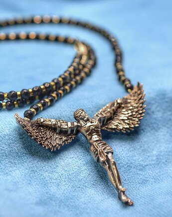 "Icarus-Christus" - Duży naszyjnik z brązu z naturalnymi kamieniami, Biżuteria z Myśli Odlana