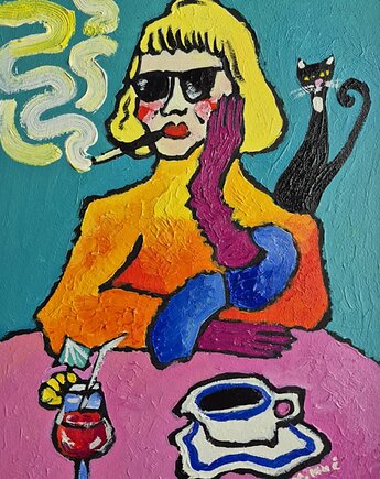 Obraz ręcznie malowany kolorowy obraz kawa, drink i alibi, alice oil on canvas